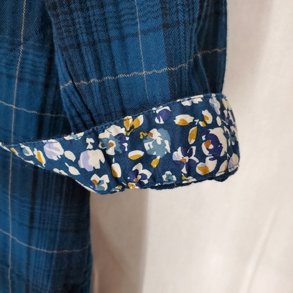 J. Jill Shirt Dress Plaid Floral Cotton Gauzy Button Front Flip Cuff Pockets MP - Picture 3 of 13